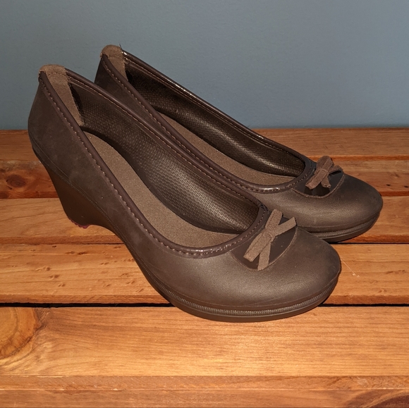 Crocs Women's Anti Slip Ballerina Style Wedge Heels in Matte Brown - Picture 1 of 9
